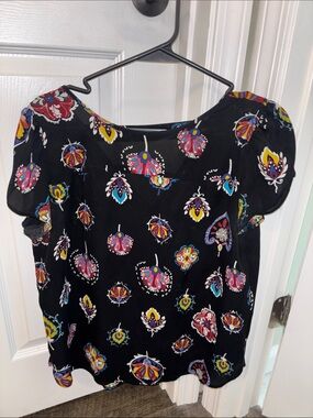 LOFT Boho Black Blouse With Bright Colors
